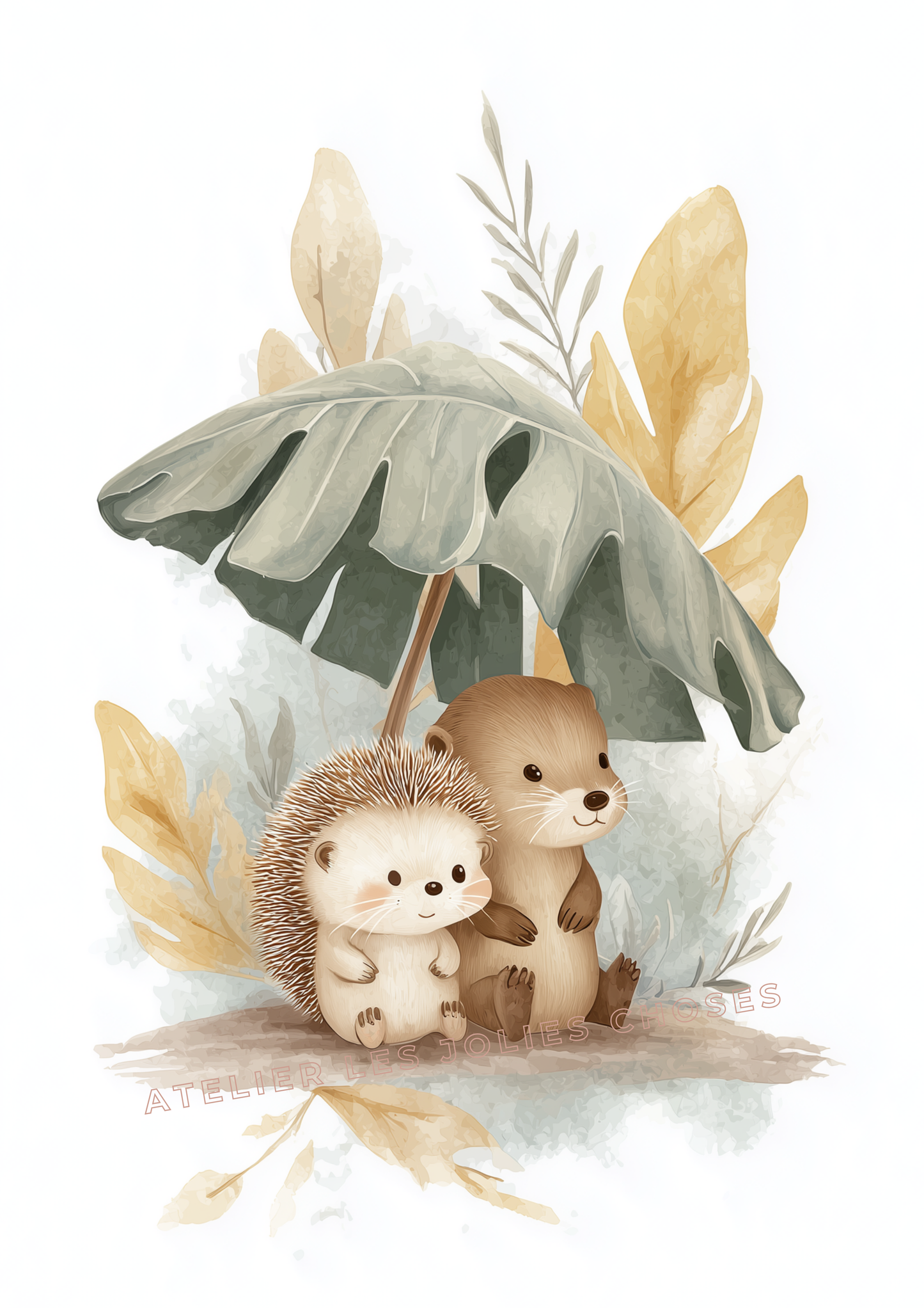 Illustration hérisson & loutre - Amitié de la forêt