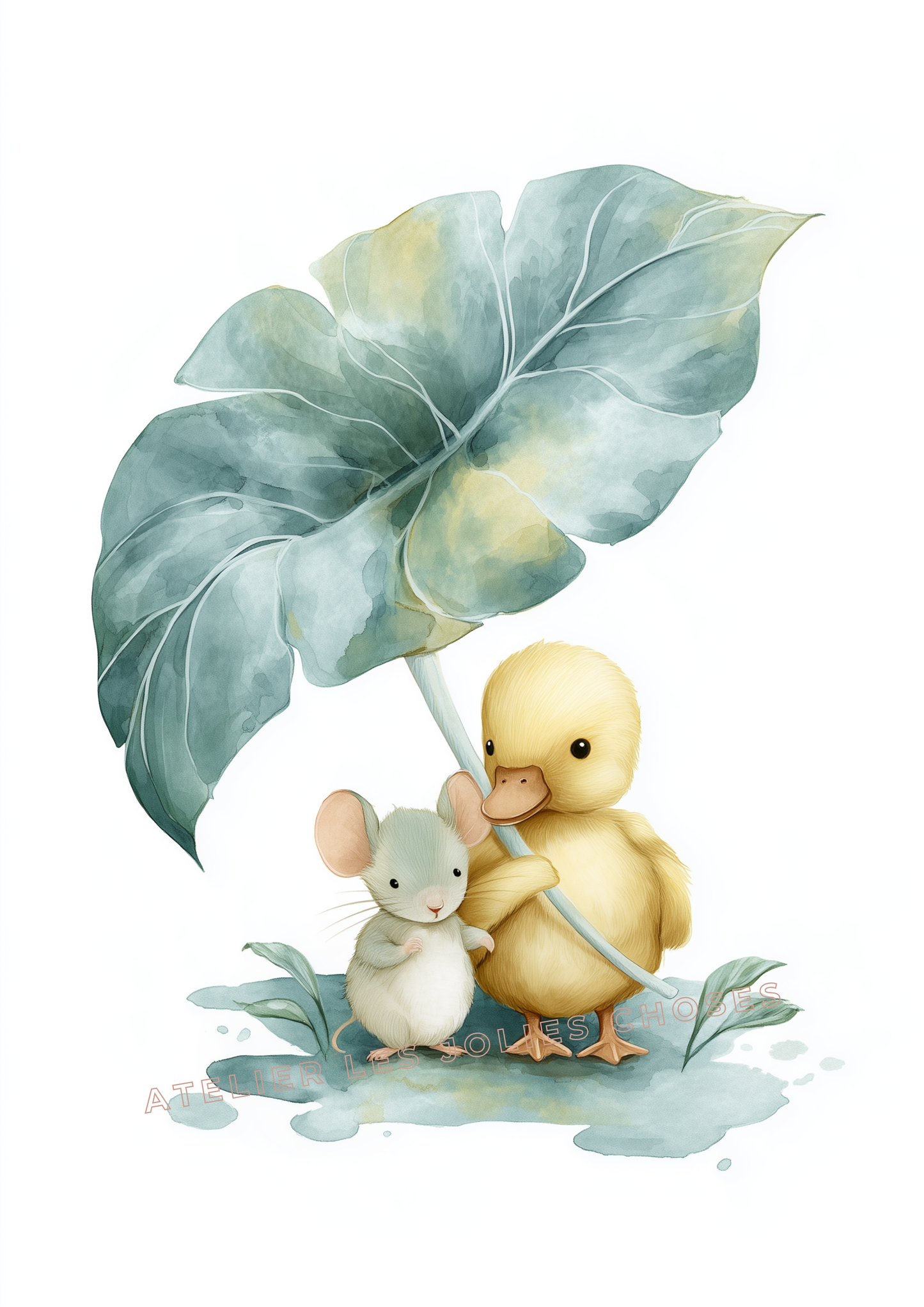 Affiche Souris & Caneton – Compagnons de pluie