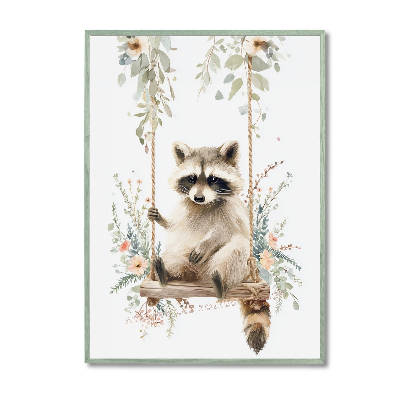 Magical Raccoon Swing Poster | Charming Wall Art for Kids' Rooms, image size:1350x1350