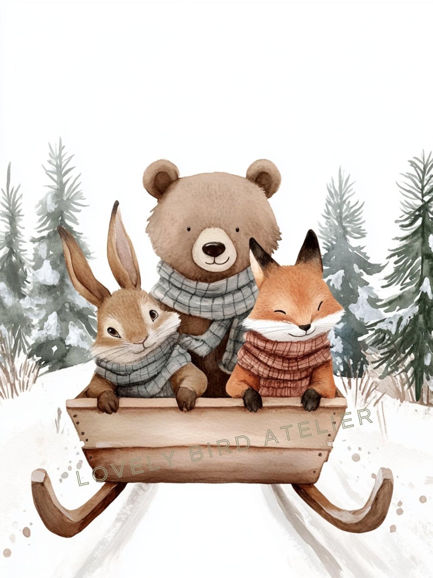 Affiche Trio & Luge en Forêt décoration murale chambre bébé enfant.