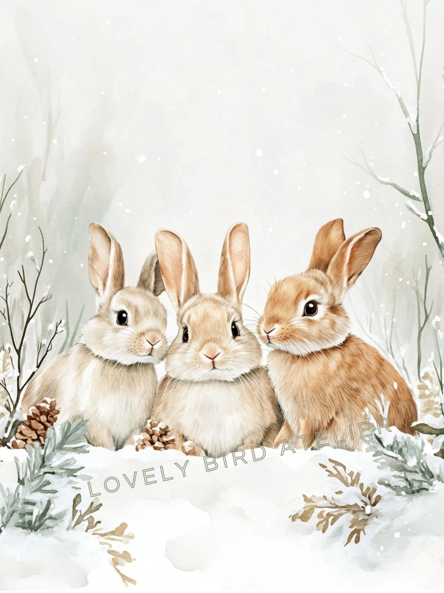 Affiche Trio Lapins & Neige décoration murale chambre bébé enfant.