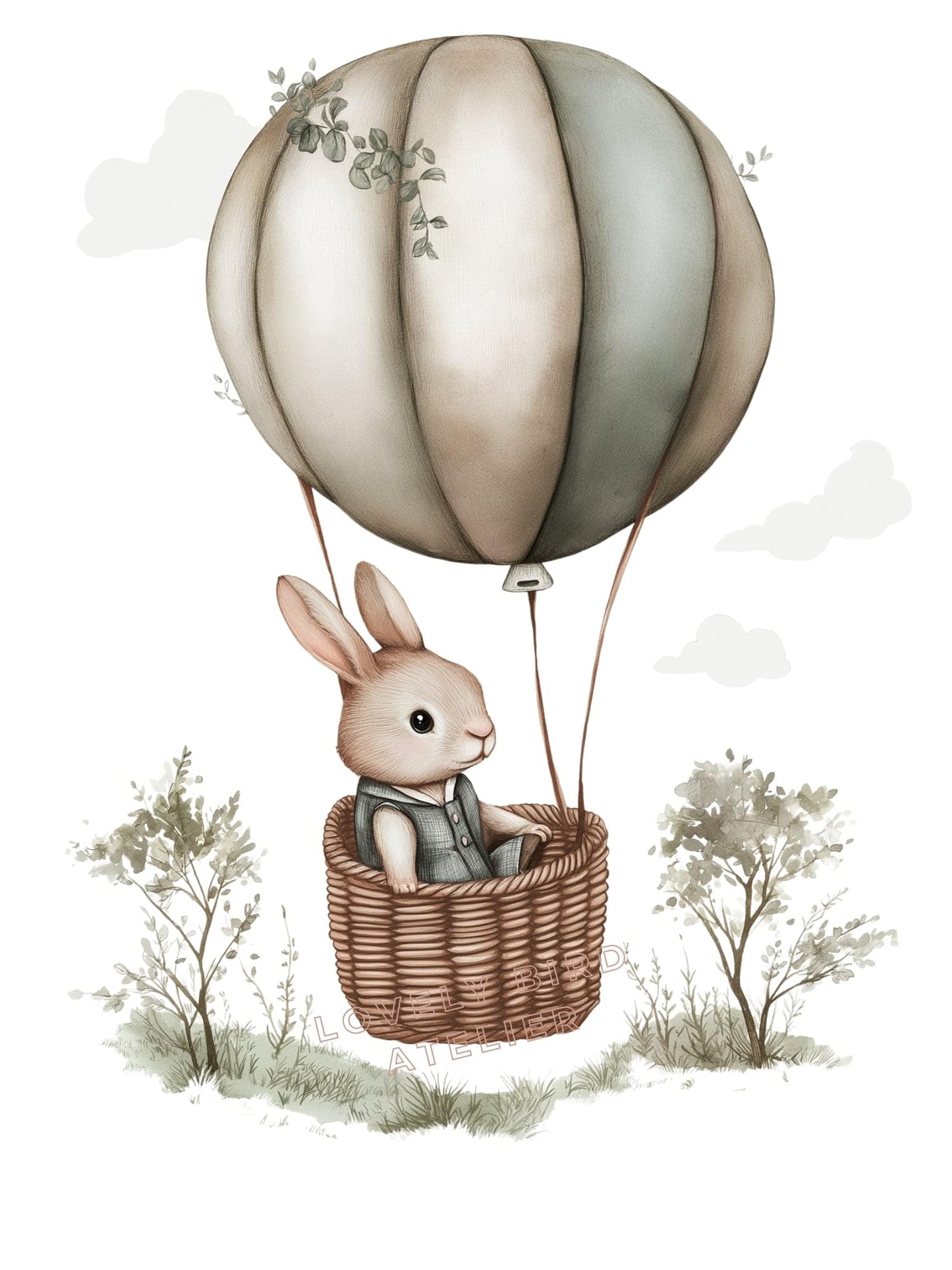 Affiche Lapin & Montgolfière décoration murale chambre bébé enfant.