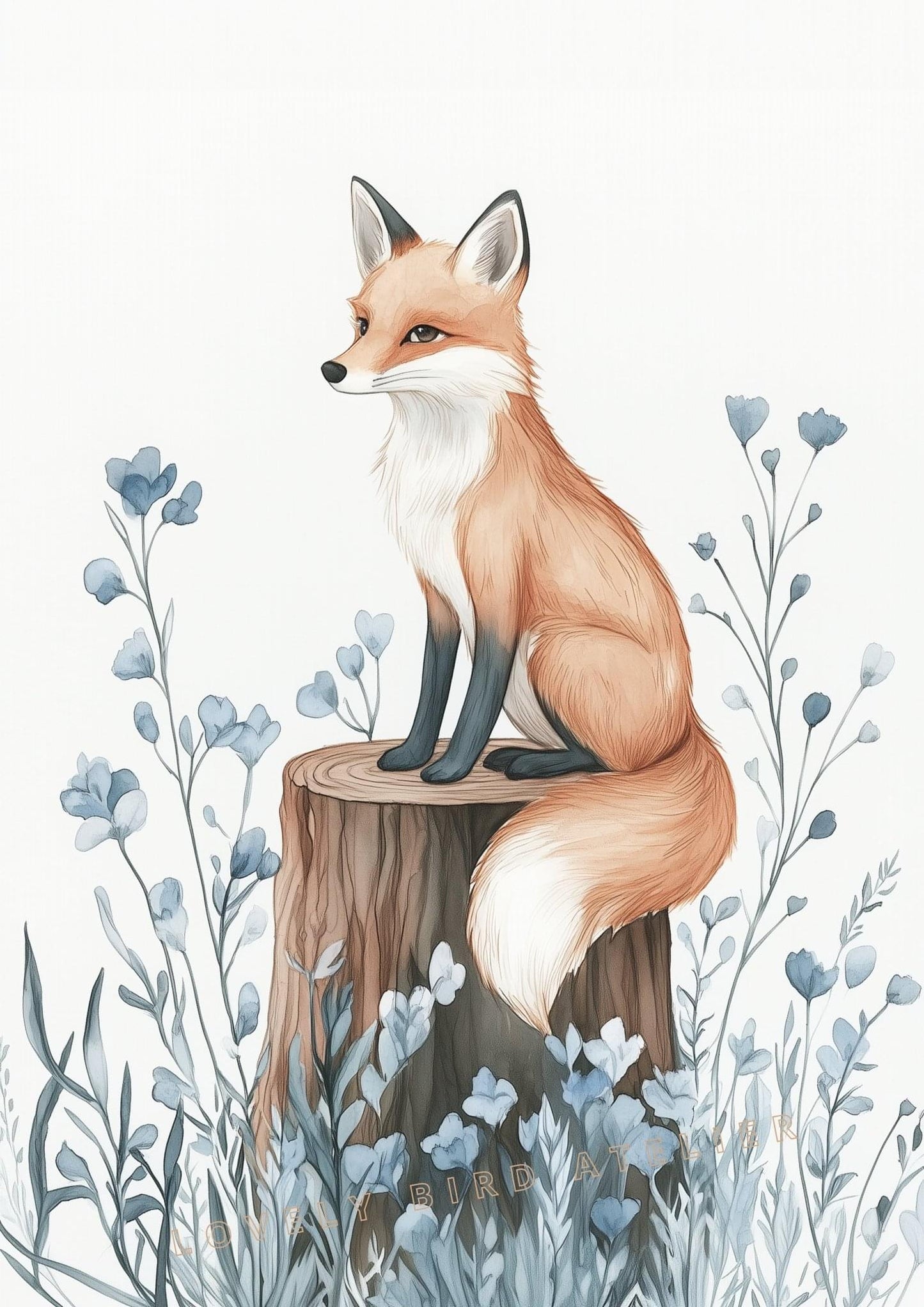 Renard & Fleurs Bleues – Esprit de la Forêt décoration murale chambre bébé enfant.