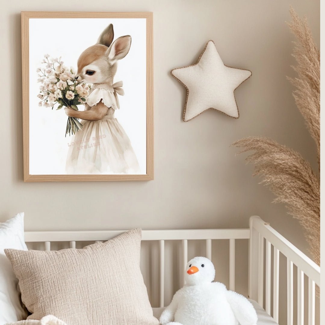 Affiche Biche & Joli Bouquet décoration murale chambre bébé enfant.