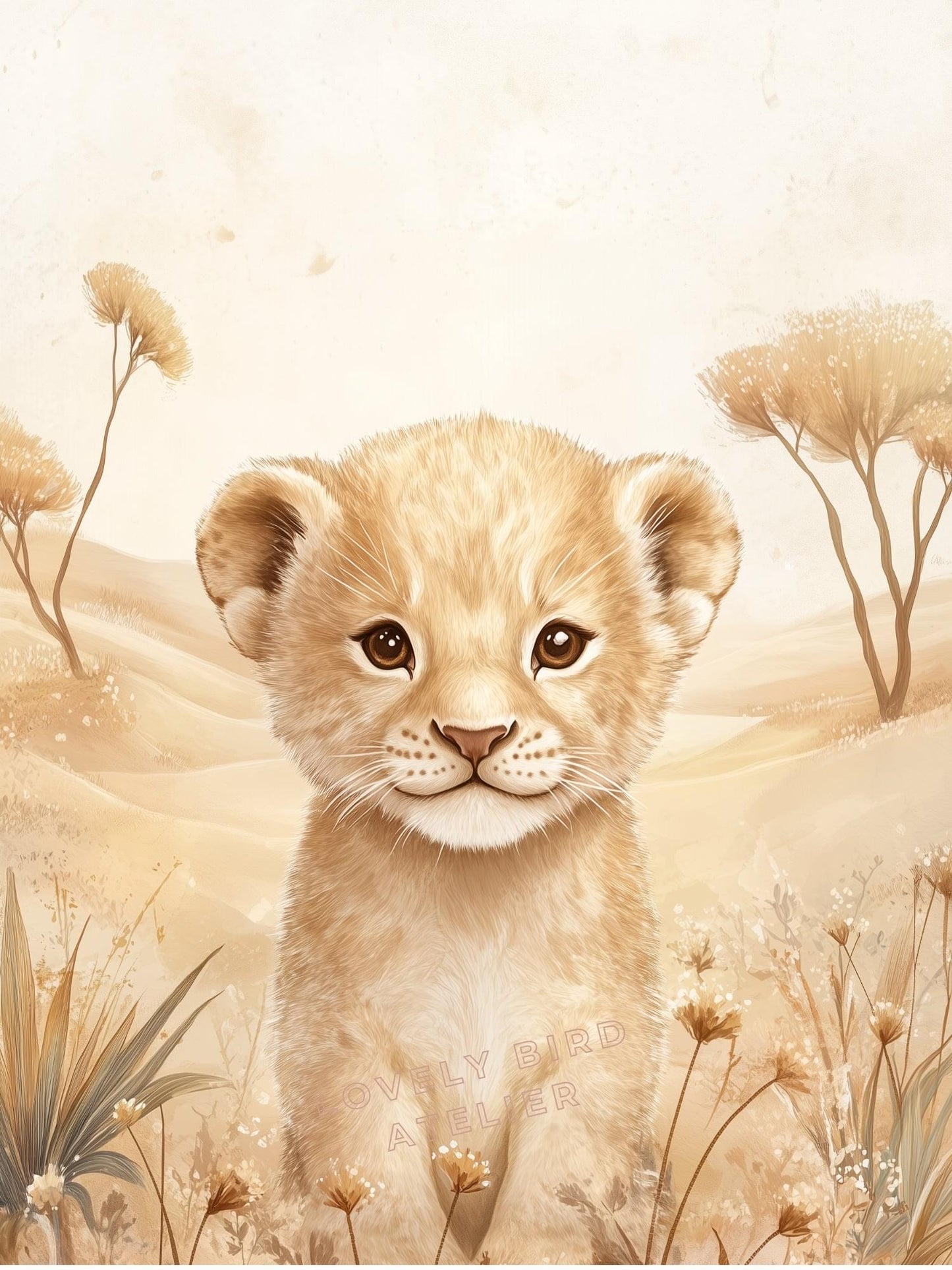 Illustration Lionceau & Savane décoration murale chambre bébé enfant.