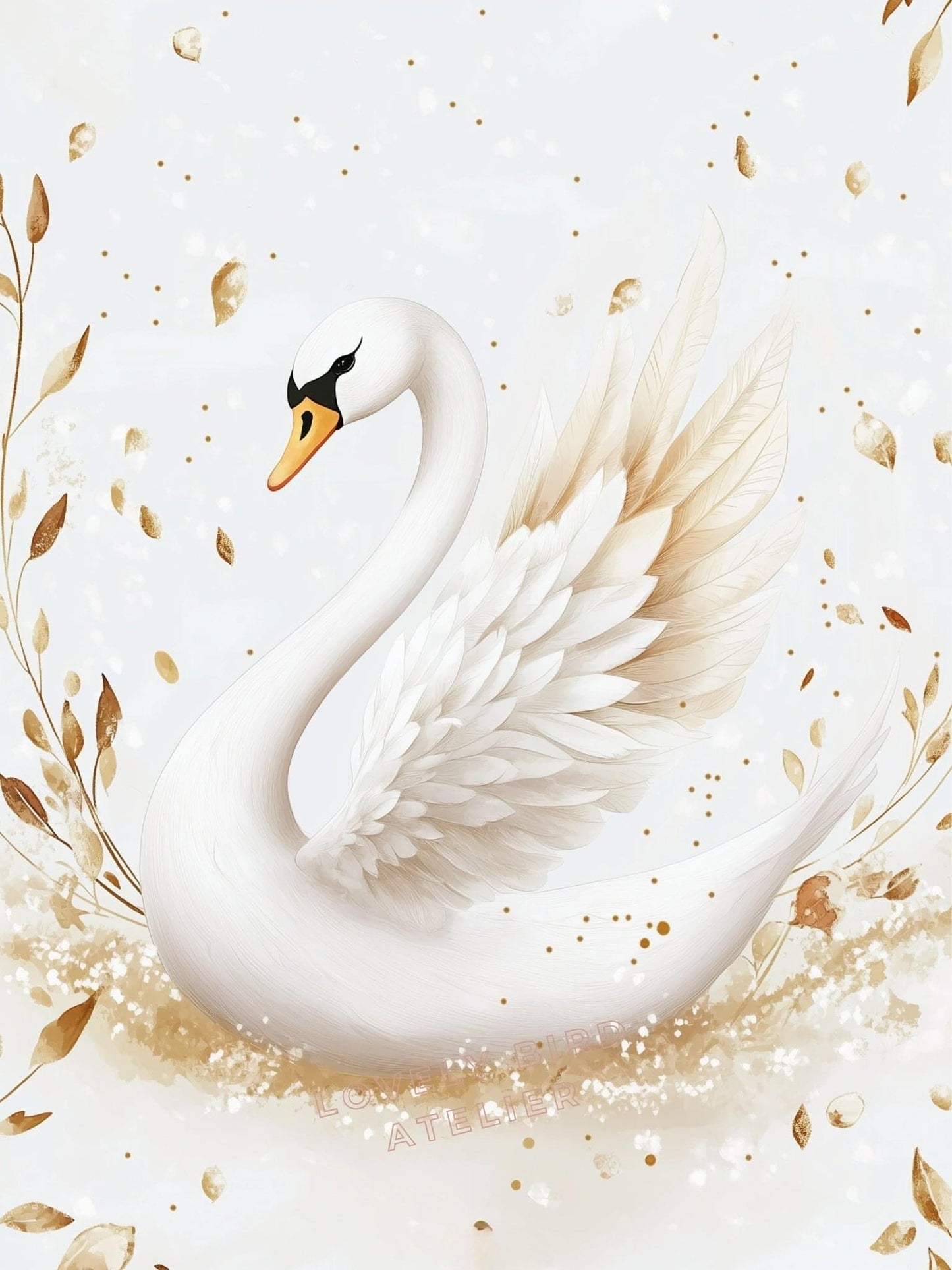 Affiche Cygne & Feuilles D'or décoration murale chambre bébé enfant.
