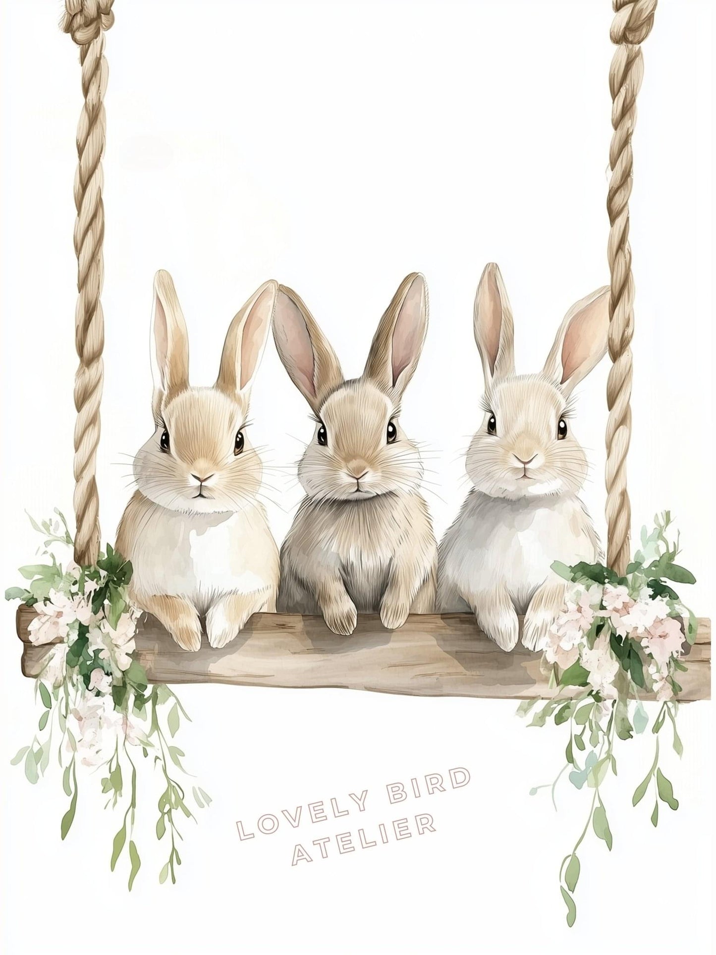 Affiche Trio Lapins & Balançoire décoration murale chambre bébé enfant.