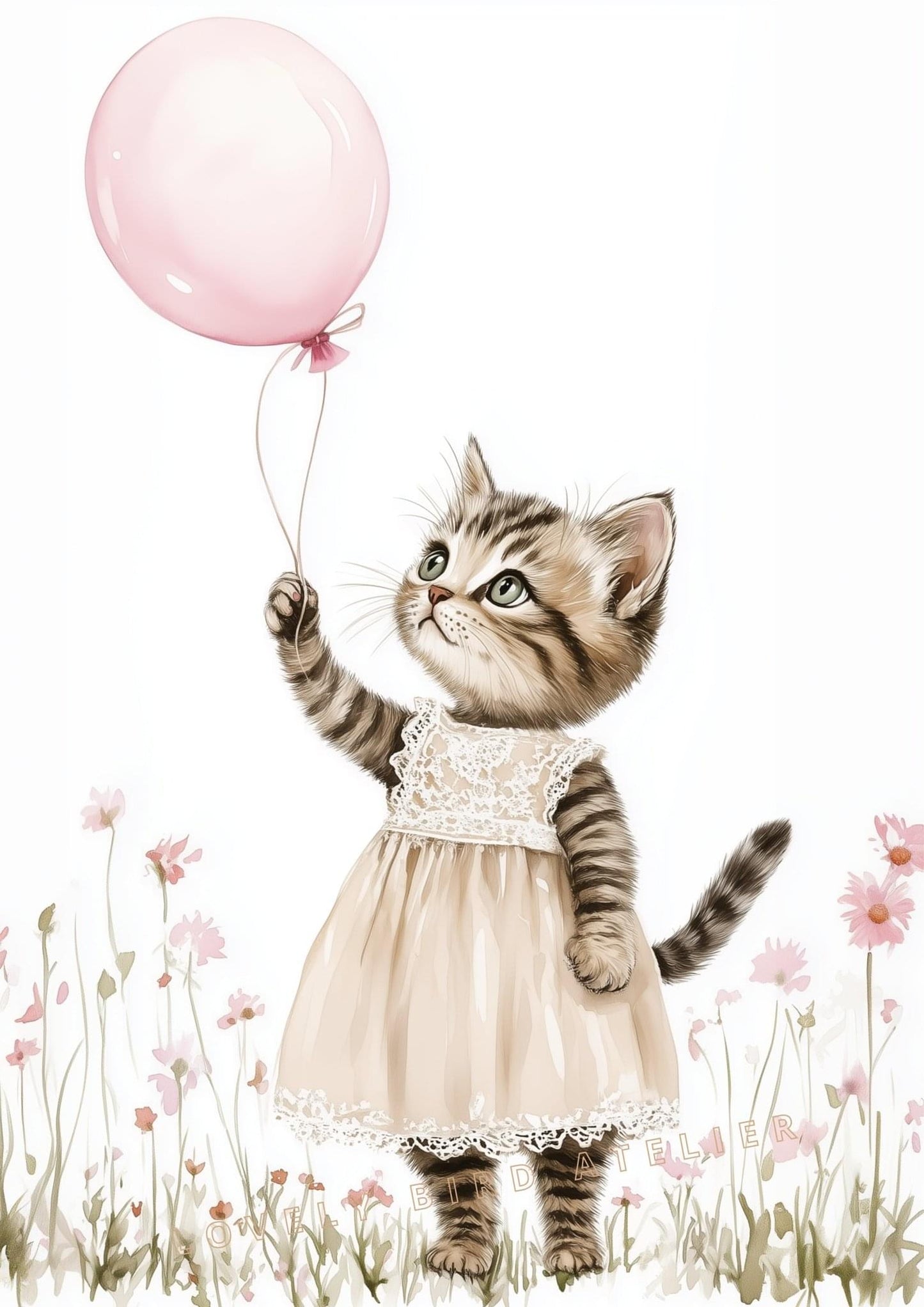 Petite Chatonne & Ballon décoration murale chambre bébé enfant.