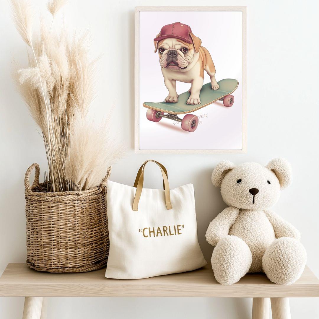 Affiche Bouledogue & Skateboard décoration murale chambre bébé enfant.