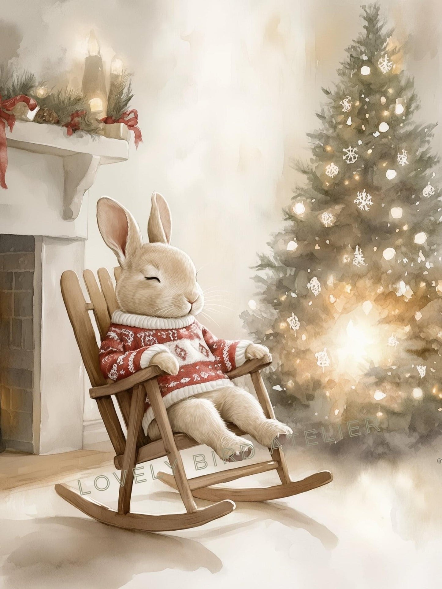 Affiche Lapin & Sapin de Noël décoration murale chambre bébé enfant.