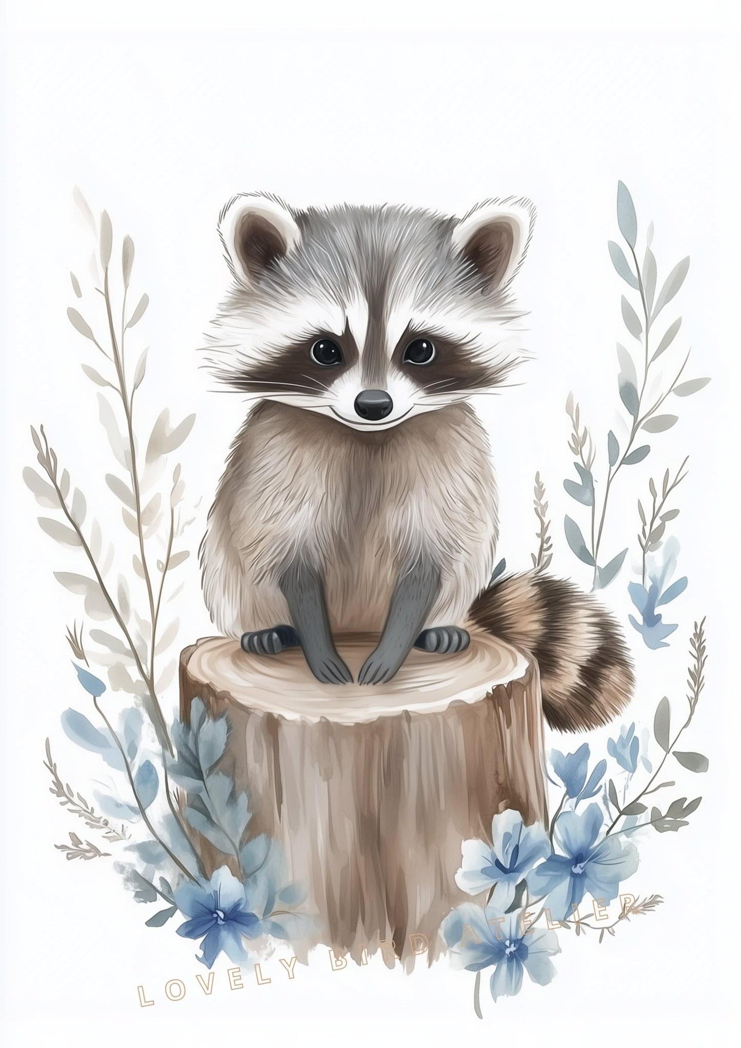 Raton Laveur & Fleurs Bleues – Douceur Forestière décoration murale chambre bébé enfant.