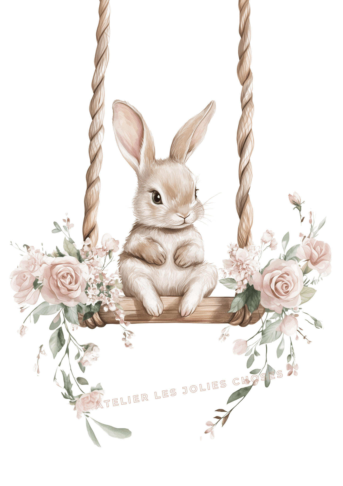 Affiche - Lapin sur Balançoire printanière décoration murale chambre bébé enfant.