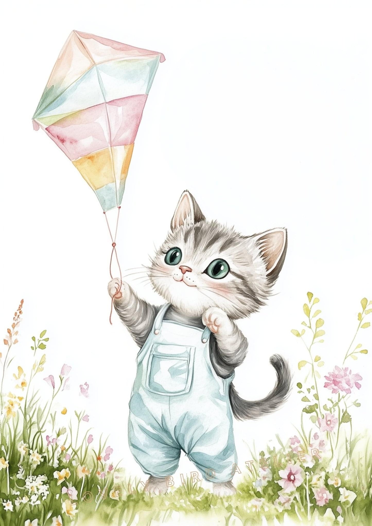 Chat & Cerf-Volant – Vol au Gré du Vent décoration murale chambre bébé enfant.