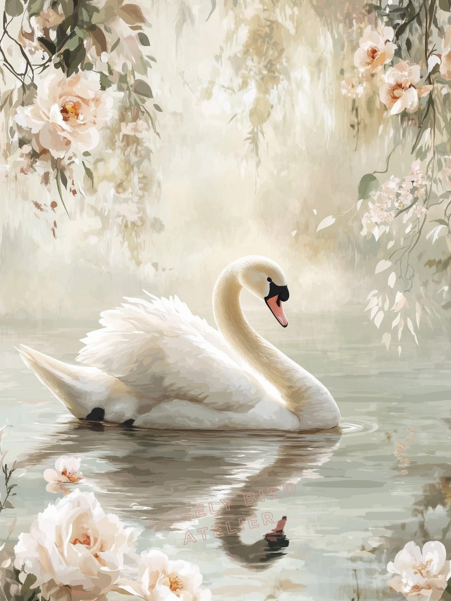 Affiche Cygne & Jolies Fleurs décoration murale chambre bébé enfant.