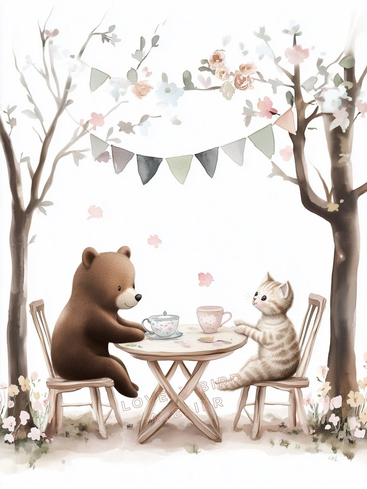 Affiche Ours & Chaton Tea Time décoration murale chambre bébé enfant.