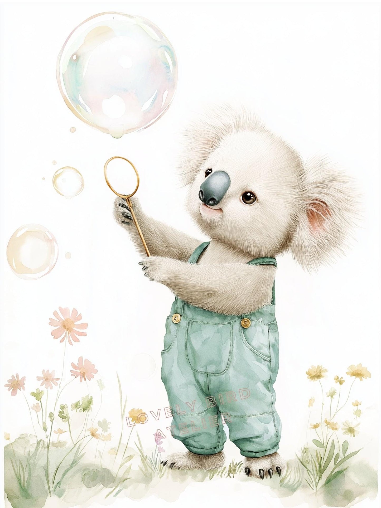 Affiche Koala & Bulles décoration murale chambre bébé enfant.