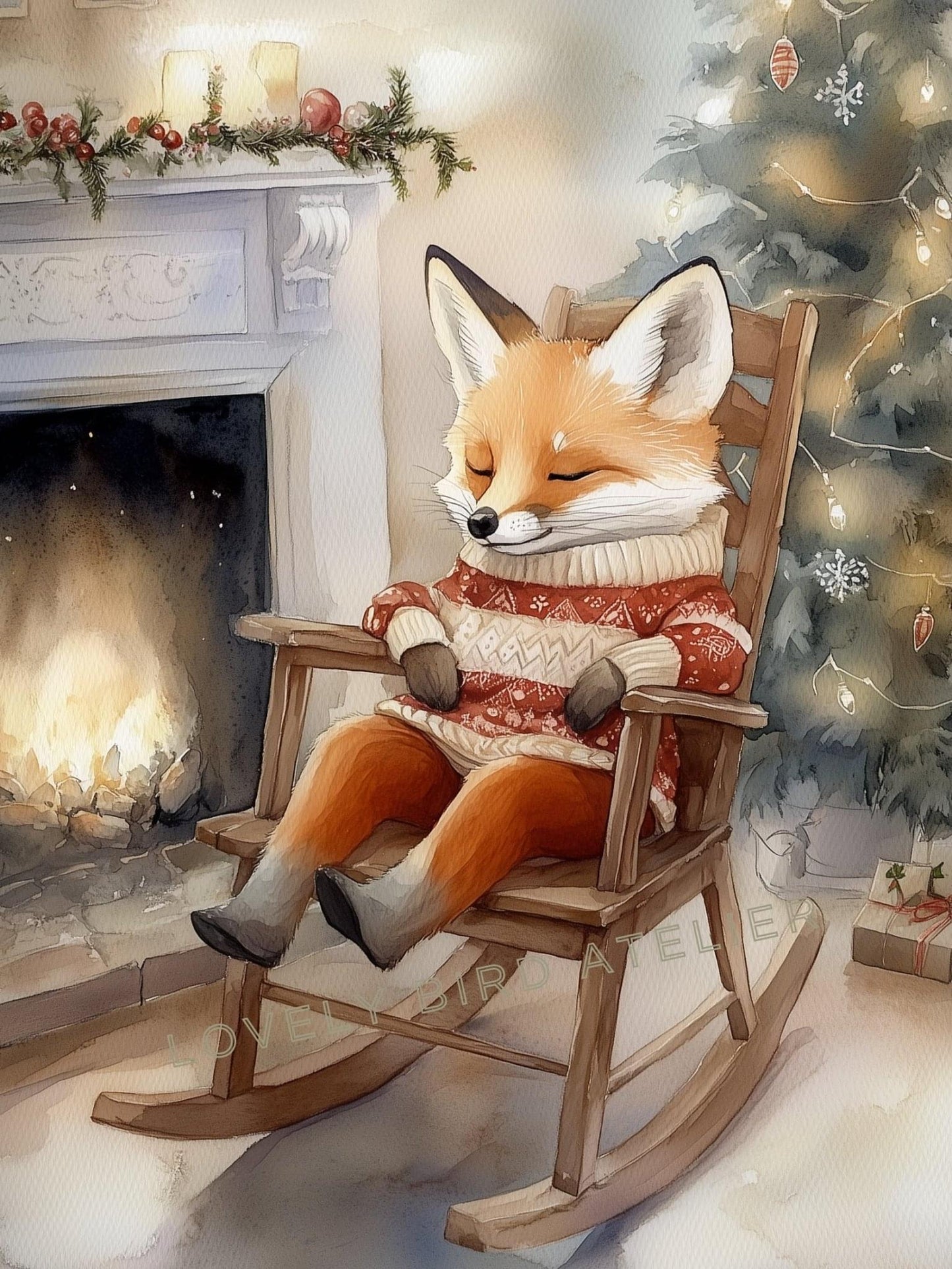 Affiche Renard & Cheminée de Noël décoration murale chambre bébé enfant.