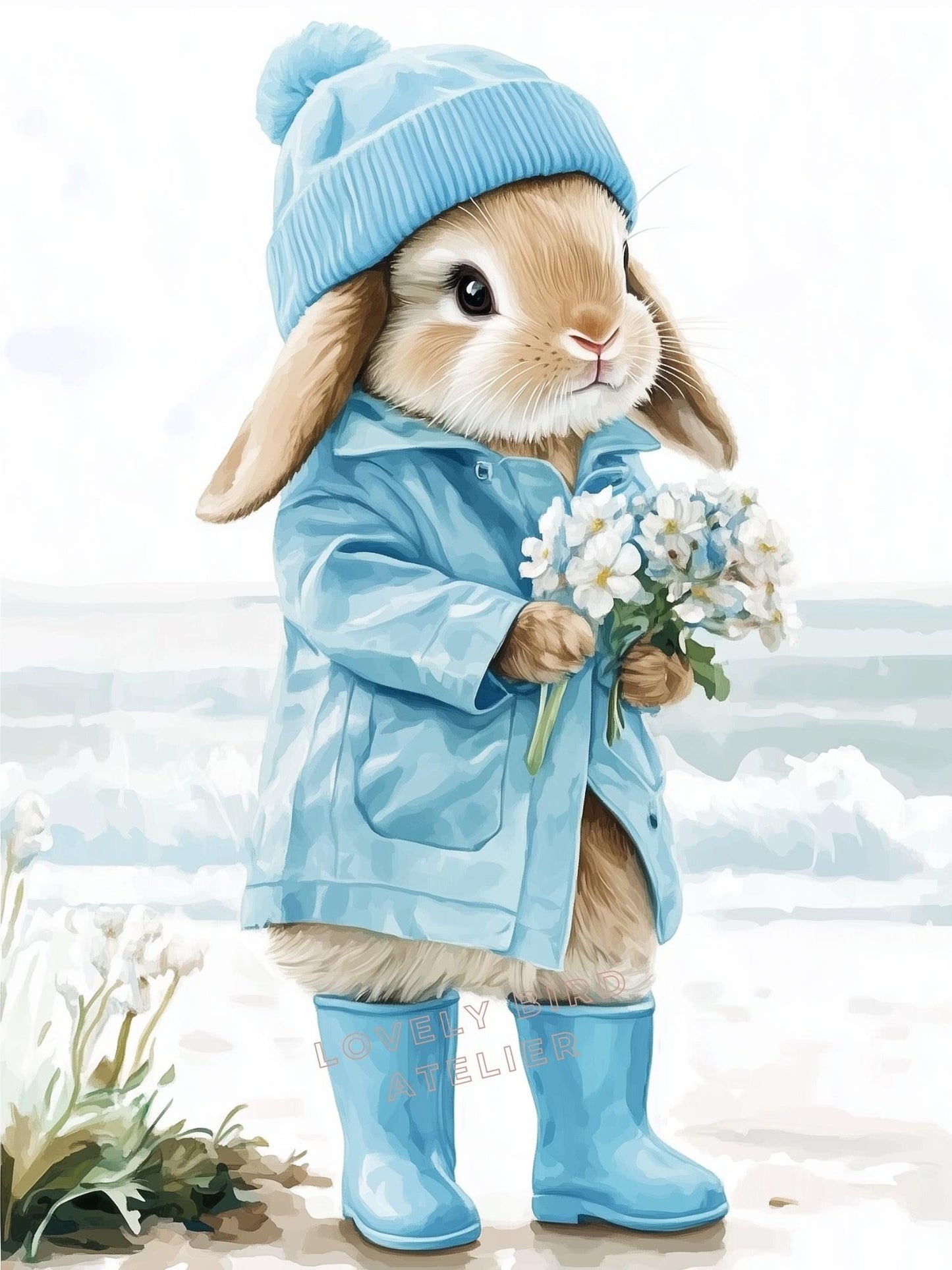 Affiche Lapin en Ciré & Fleurs décoration murale chambre bébé enfant.