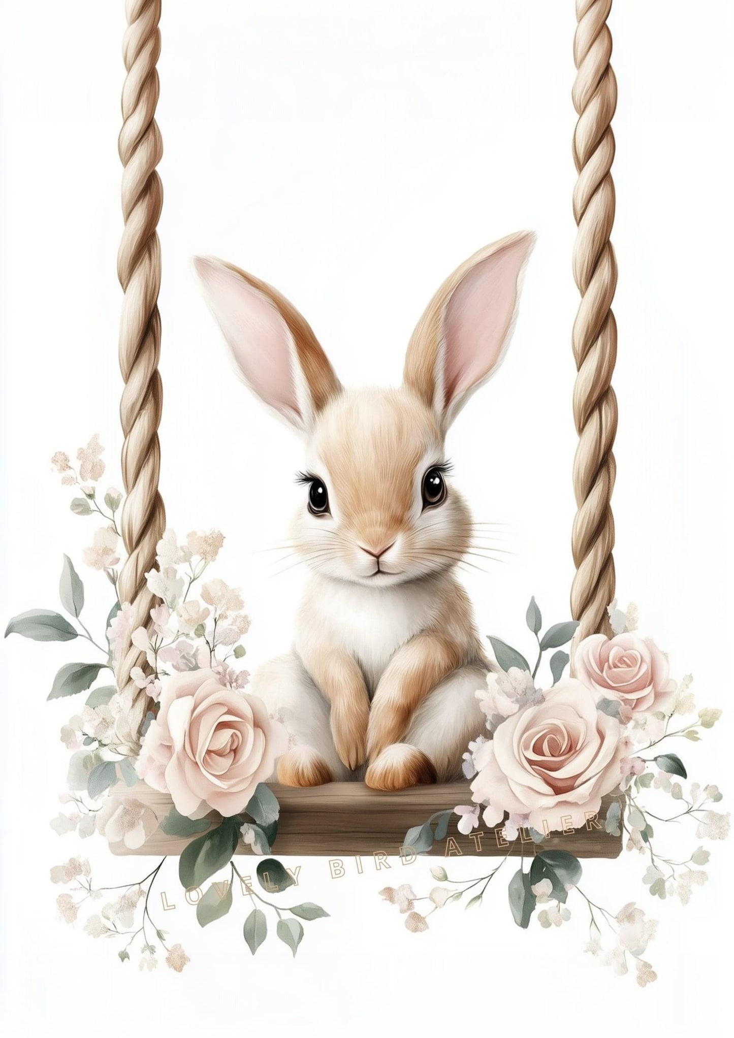 Affiche Lapin & Balancelle Fleurie décoration murale chambre bébé enfant.
