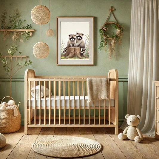 Chambre de bébé décorée sur le thème de la forêt avec un berceau en bois, un tableau de ratons laveurs et des éléments naturels.
