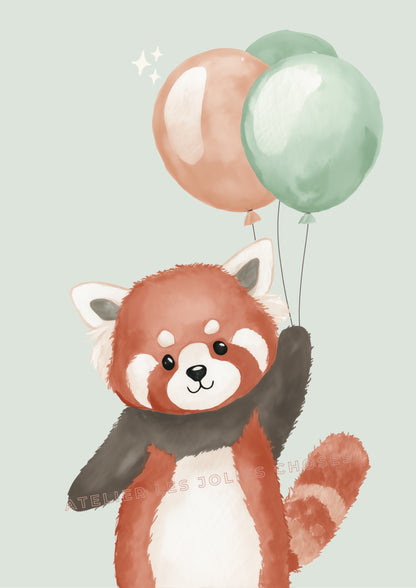 Affiche Kawaii Panda Roux & Ballons
