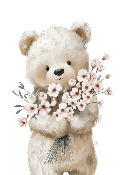 Affiche  - L’ourson au bouquet poudré