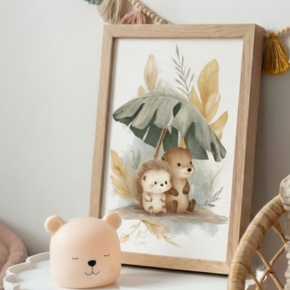 Illustration hérisson & loutre - Amitié de la forêt