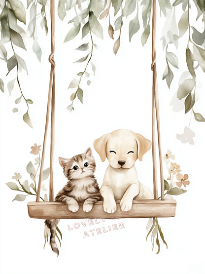 Affiche Chat & Chien Balançoire - Atelier Les Jolies Choses  