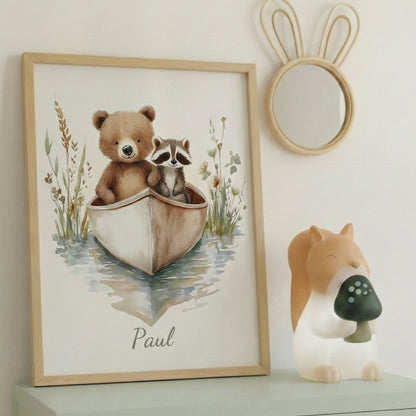 Affiche Ours & Raton Laveur en Canoë - Atelier Les Jolies Choses  