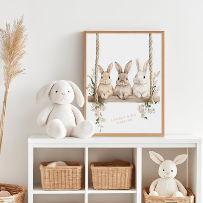 Affiche Trio Lapins & Balançoire Fleurie - Atelier Les Jolies Choses  