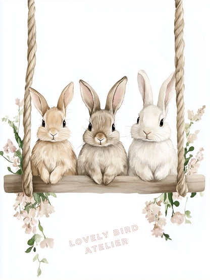 Affiche Trio Lapins & Balançoire Fleurie - Atelier Les Jolies Choses  