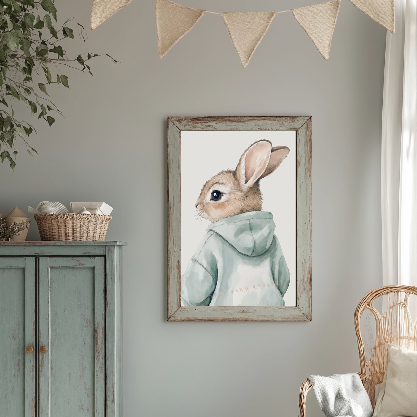 Affiche Petit Lapin & Hoodie Sauge - Atelier Les Jolies Choses  