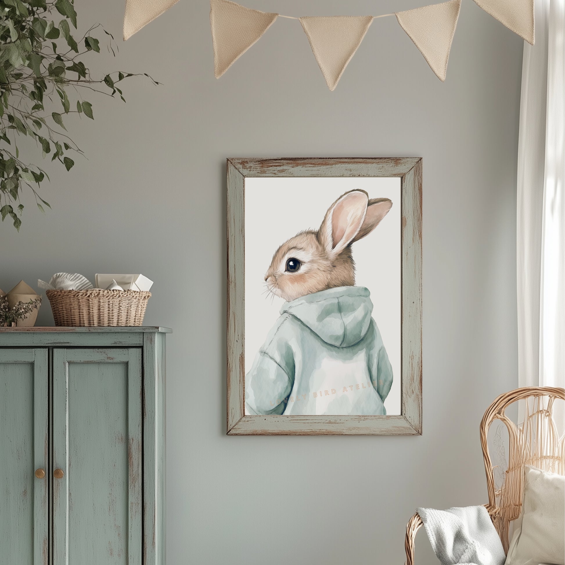 Affiche Petit Lapin & Hoodie Sauge - Atelier Les Jolies Choses  