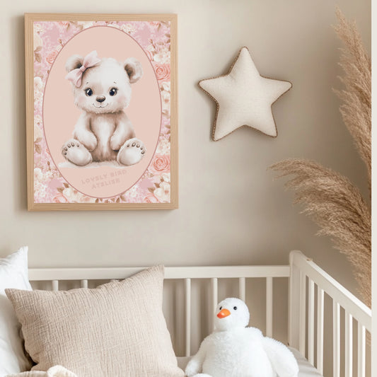 Affiche  Bébé Ours & Motif Fleurs - Lovely Bird Atelier   