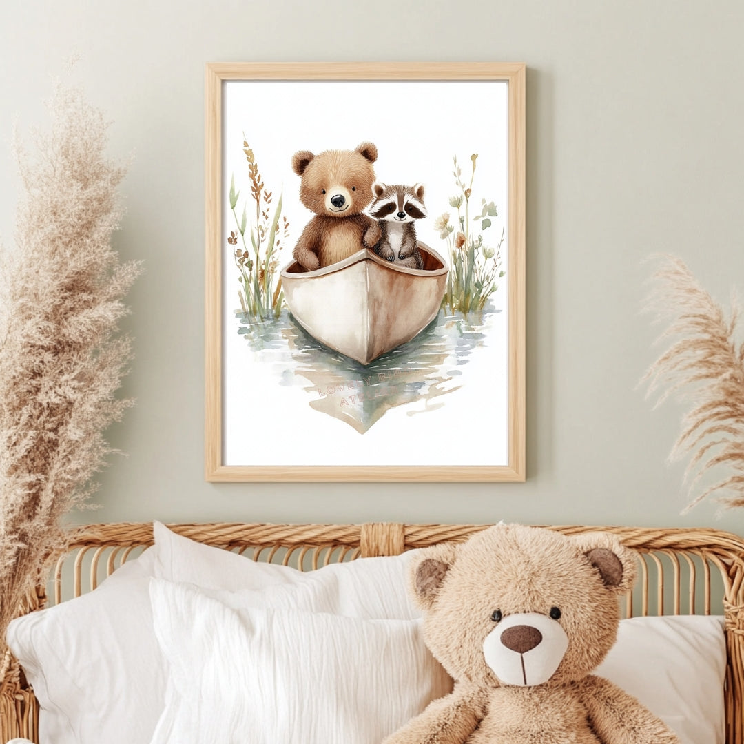 Affiche Ours & Raton Laveur en Canoë - Atelier Les Jolies Choses  