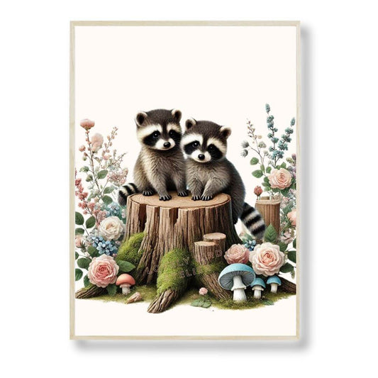 Affiche Ratons Laveurs & Forêt Fleurie - Lovely Bird Atelier   