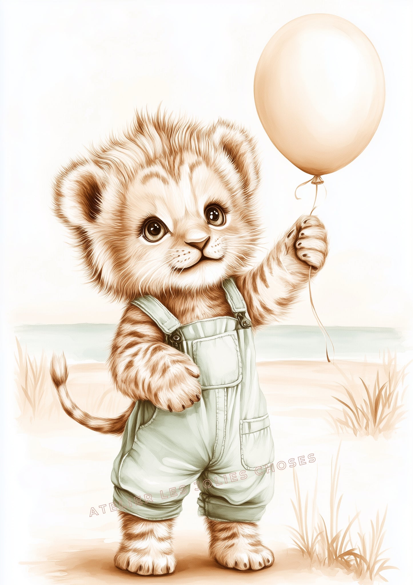 Illustration  Lionceau & Ballon à l'océan - Atelier Les Jolies Choses  