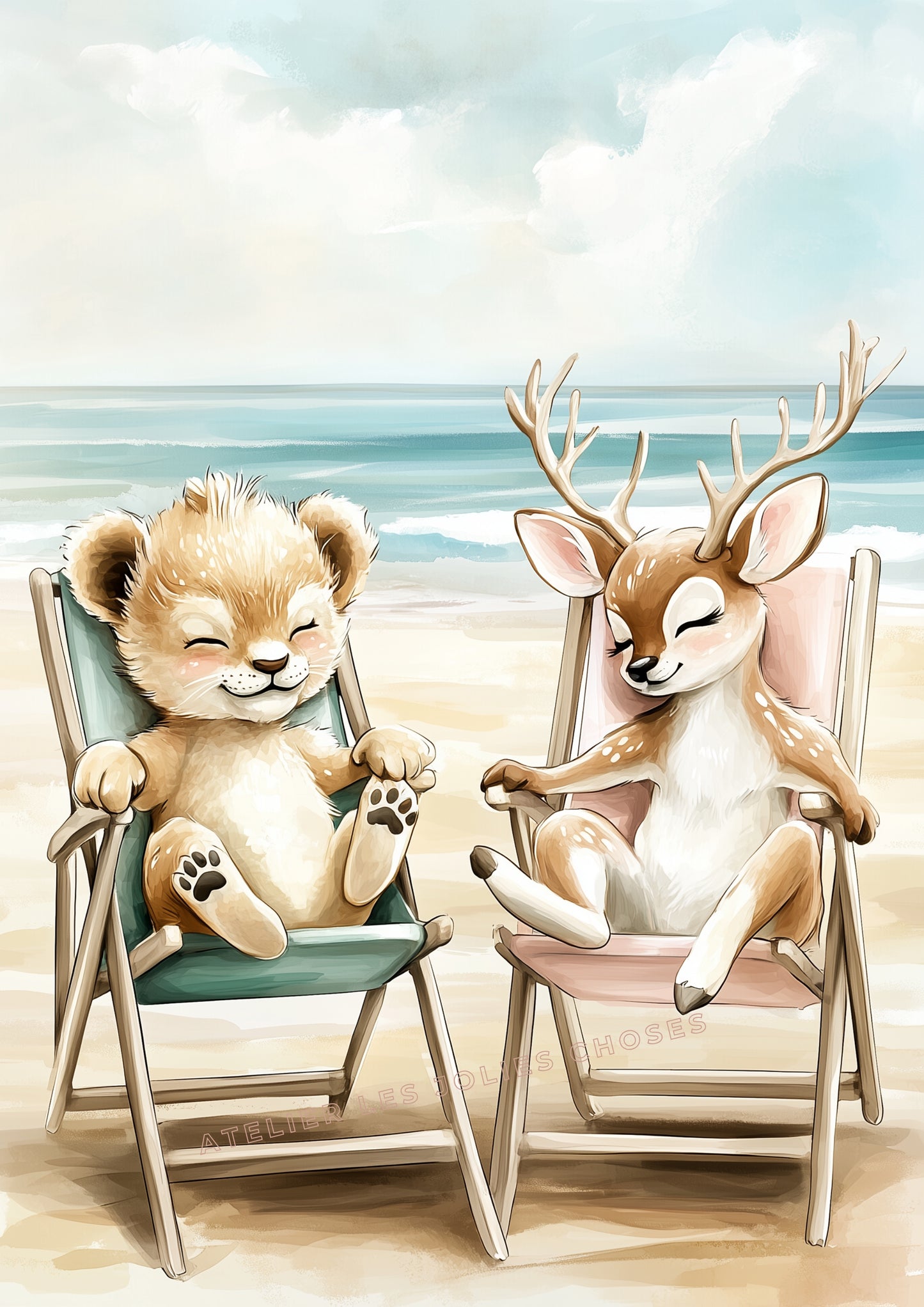 Illustration  Lionceau & Biche à l'océan - Atelier Les Jolies Choses  