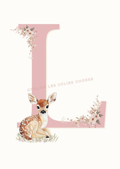 Affiche - Lettre  L Rose & Biche