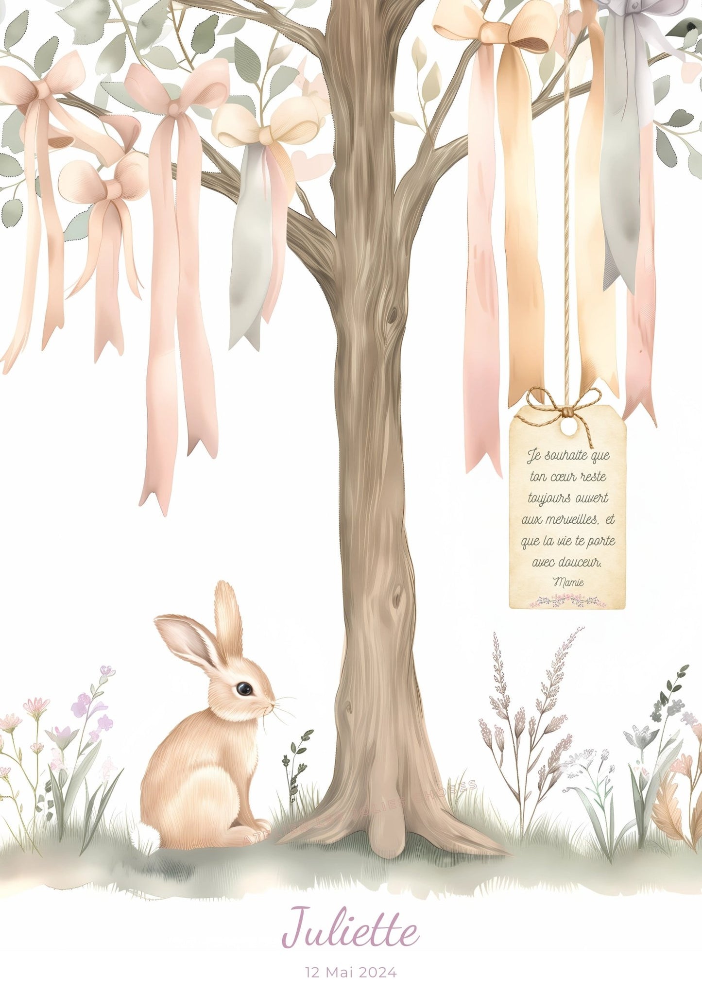 Petit lapin sous les rubans  décoration murale chambre bébé enfant.