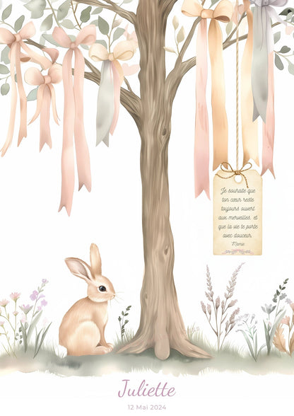 Petit lapin sous les rubans  décoration murale chambre bébé enfant.