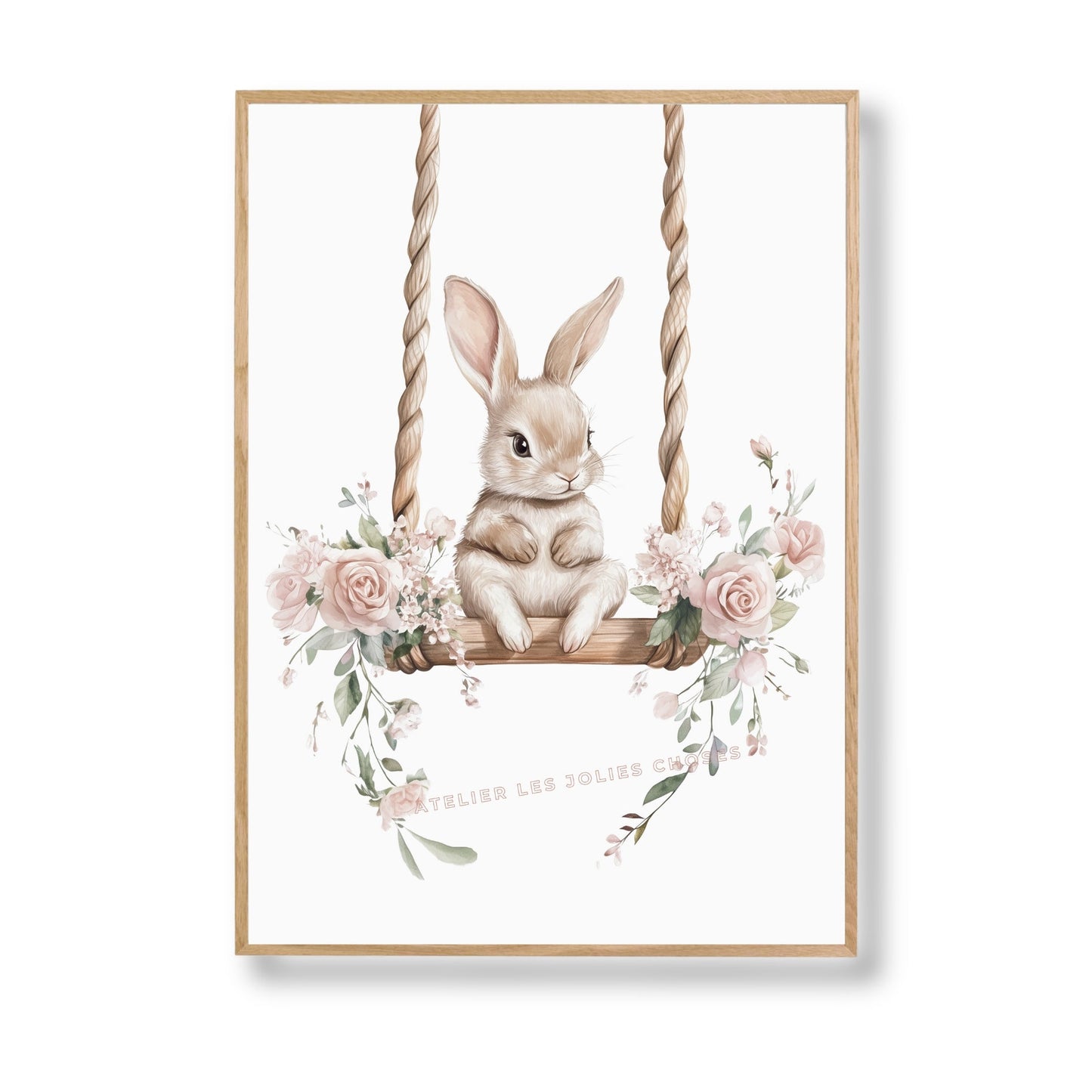 Affiche - Lapin sur Balançoire printanière  décoration murale chambre bébé enfant.