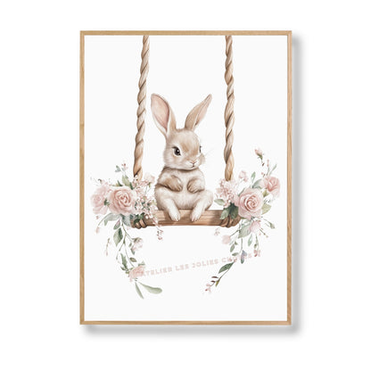Affiche - Lapin sur Balançoire printanière  décoration murale chambre bébé enfant.
