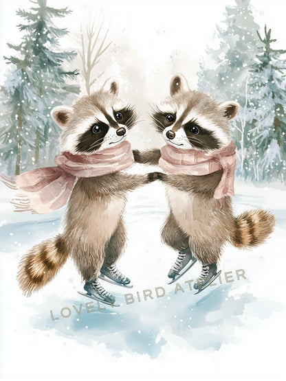 Affiche Duo Ratons Laveurs sur Glace  décoration murale chambre bébé enfant.