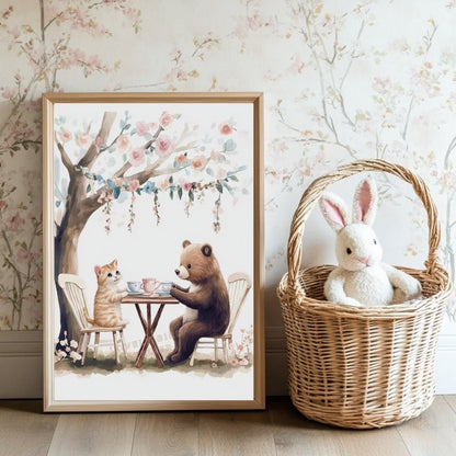Affiche Ours & Chat Tea Time  décoration murale chambre bébé enfant.