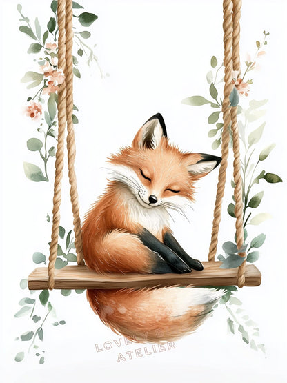 Affiche  Petit Renard & Balancelle  décoration murale chambre bébé enfant.