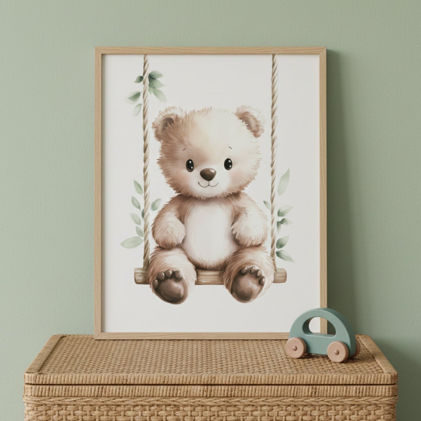 Affiche Ours & Balançoire Végétale  décoration murale chambre bébé enfant.