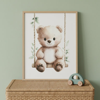 Affiche Ours & Balançoire Végétale  décoration murale chambre bébé enfant.