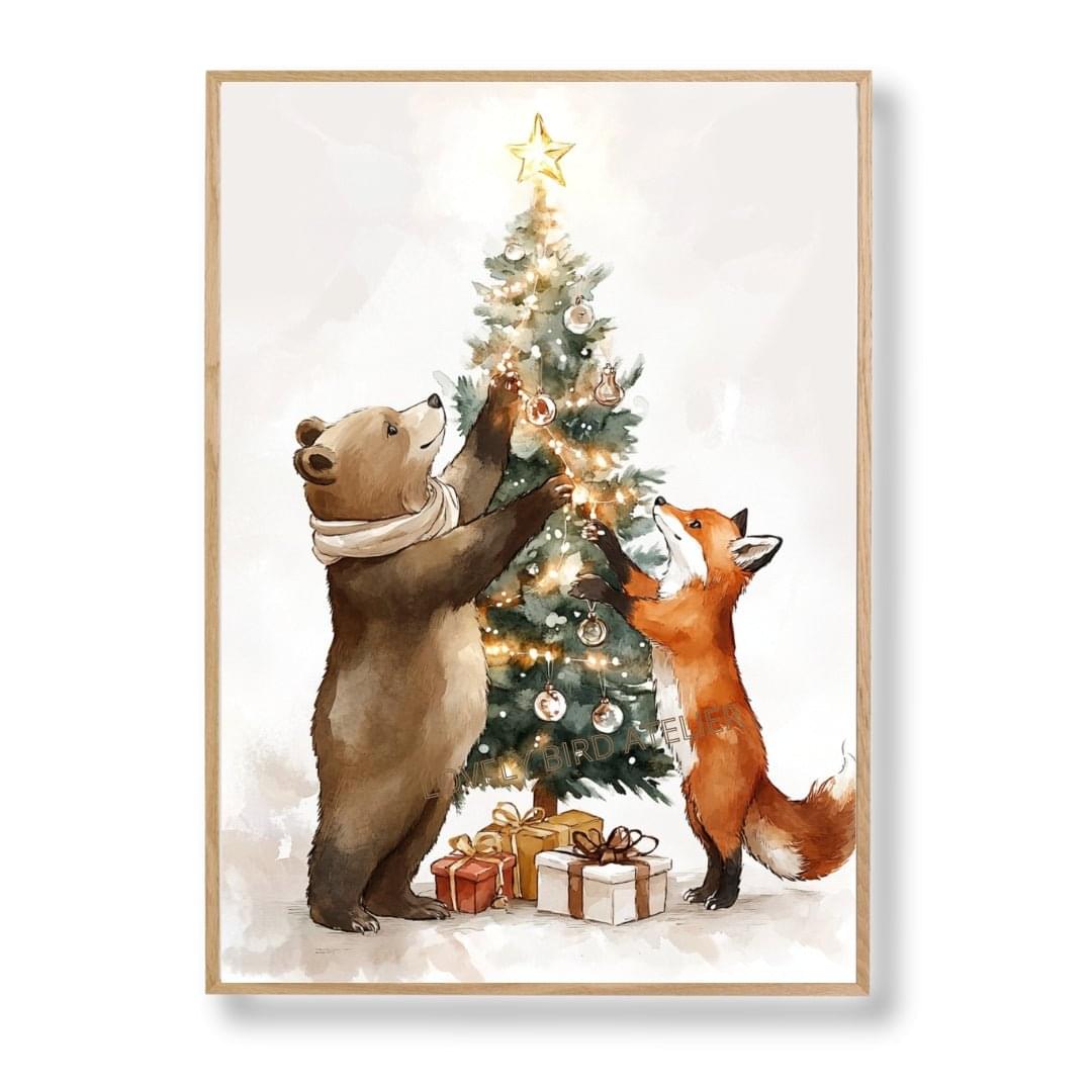 Affiche  Renard & Ours - Décor de Noël  décoration murale chambre bébé enfant.