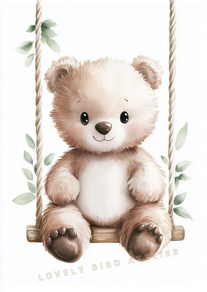 Affiche Ours & Balançoire Végétale  décoration murale chambre bébé enfant.